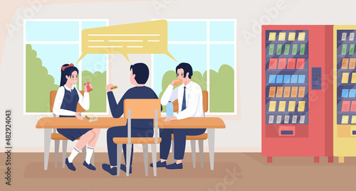 Students in uniforms on break flat color vector illustration. School cafeteria space. Lunch time. Pupils eating snacks from vending machine 2D cartoon characters with window on background