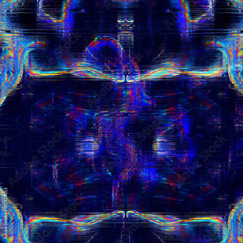 Abstract night blue with neon colorful glitch background with interlaced digital and distortion effect. Synth wave. Vapor wave cyberpunk style. Retro futurism, web punk, rave DJ techno photo