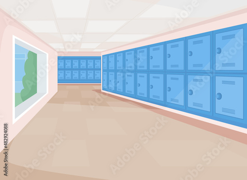 Empty school passageway flat color vector illustration. Educational space, high school lobby. College hallway with no people 2D cartoon interior with private lockers row on background