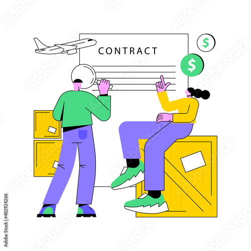 Contract of carriage abstract concept vector illustration. Contract of carriage document, air waybill, information of cargo transportation, passengers baggage goods, agreement abstract metaphor.