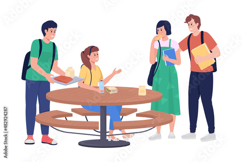 Students on outdoor lunch semi flat color vector characters. Interacting figures. Full body people on white. School break isolated modern cartoon style illustration for graphic design and animation