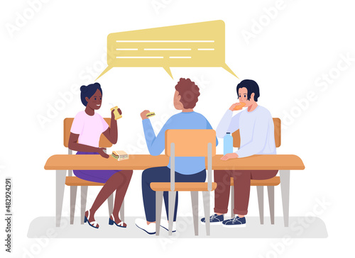 College students meeting on break semi flat color vector characters. Sitting figures. Full body people on white. Lunch isolated modern cartoon style illustration for graphic design and animation