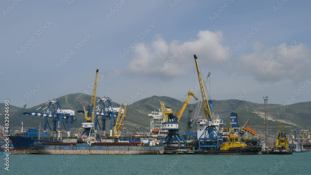 Novorossiysk, Russia - april 26, 2019: Timelapse of the industrial district of Novorossiysk city Novorossiysk, Russia - april 26, 2019: Timelapse of the industrial district of Novorossiysk city