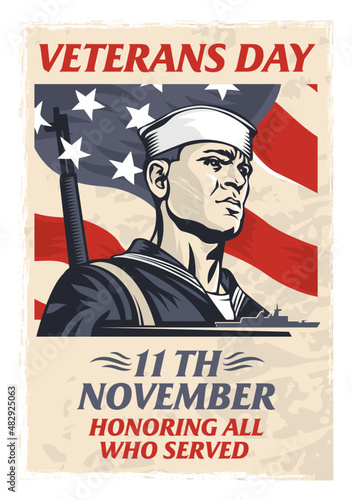 Silhouette of a sailor with a gun on the background of the US national flag. Happy Veterans Day.