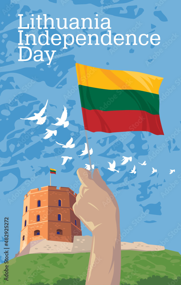 Naklejka premium Hand with the national flag Lithuania on the background of the Gediminas Tower. Happy Independence Day.