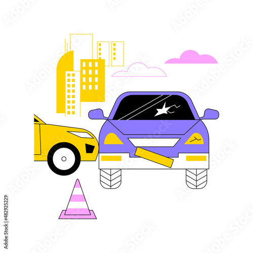 Traffic accident abstract concept vector illustration. Road accident report, traffic laws violation, single car crash investigation, injury statistics, multi-vehicle collision abstract metaphor.