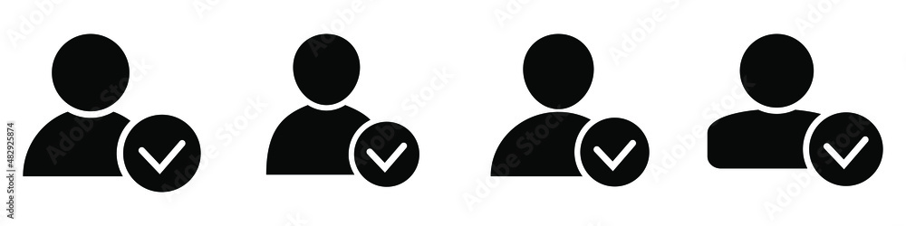 User profile sign web icon with check mark glyph. User authorized illustration design item. Straight style design icon. Account verified icon. Signed verified profile symbol. User accepted. User profile sign web icon with check mark glyph. User authorized illustration design item. Straight style design icon. Account verified icon. Signed verified profile symbol. User accepted.