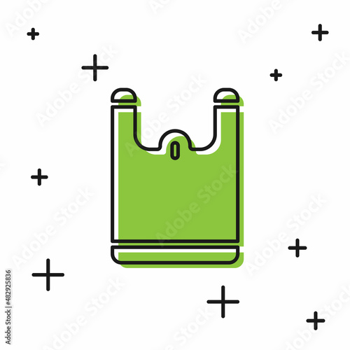 Black Plastic bag icon isolated on white background. Disposable cellophane and polythene package prohibition sign. Vector