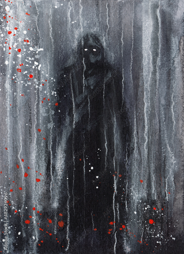 Black Shadow of the scary man. Art print and card. Horror Watercolor  Painting, creepy man with glowing eyes. Gothic Home decor. Dark Fantasy  creature Stock Illustration | Adobe Stock