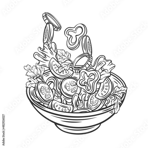 Salad falling into bowl outline hand drawn vector illustration. Flying salad with red tomatoes, pepper, cucumber, spinach and lettuce concept cooking
