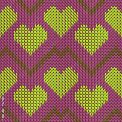 Hygge heart knit norwegian vector seamless pattern. Knitwear crochet valentine ornament.