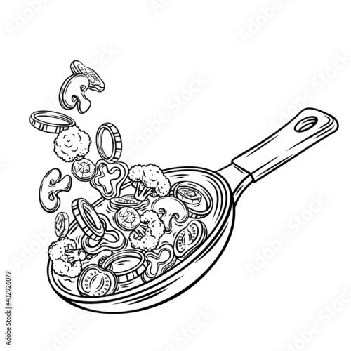 Fresh vegetables flying into a pan outline drawn vector illustration. Preparing healthy meal. Slices of carrots, broccoli, mushrooms, onions, tomatoes and peppers falling. Flying vegetables concept.
