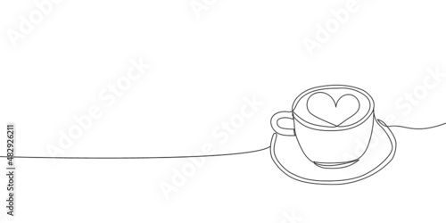 A cup of cappuchino continuous line drawing. One line art of coffee, tea, drink, americano, milk, cream, latte, coffee in bed, romance, coffee house, cafe, heart.