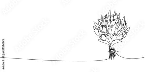 Bouquet of tulips continuous line drawing. One line art of decoration, flowers, roses, garden flowers, bouquet, floristry, romance, gift, relationship, love, flower composition.