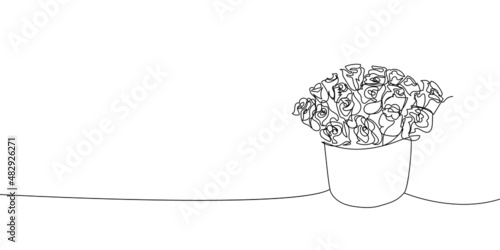 Bouquet in a box continuous line drawing. One line art of decoration, flowers, tea roses, garden flowers, bouquet, floristry, romance, gift, relationship, love, peonies, dahlias, carnations.