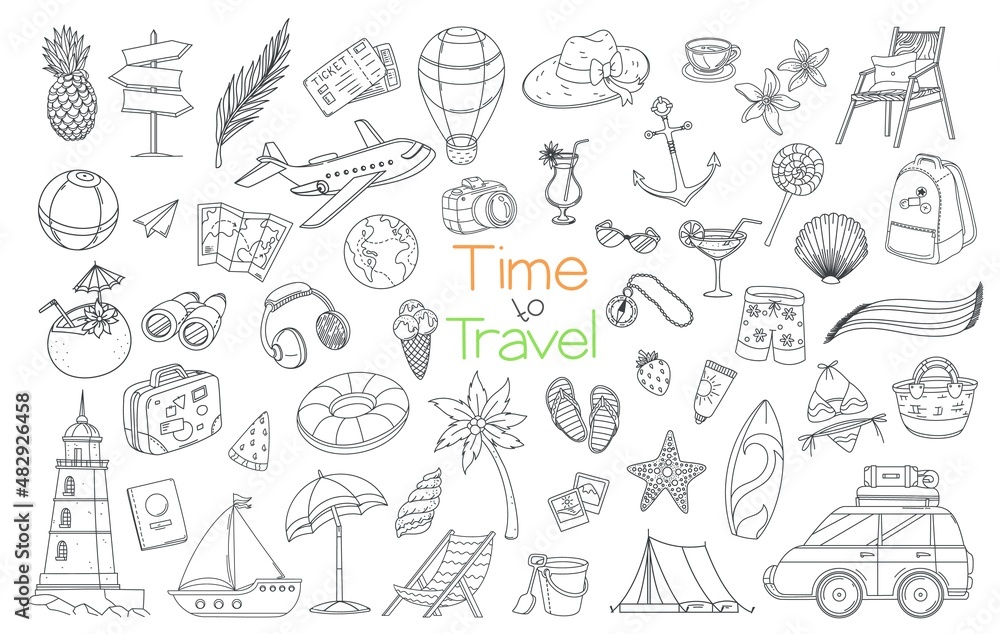 Vacation outline icons. Time to travel hand drawn simple elements. Line badge of tourism and traveling plane lighthouse, cocktails, sun lounger, surfboard, beach equipment, tickets and ets