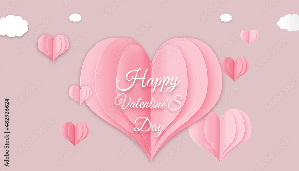 Happy Valentine's day background. Pink flying hearts on pink background. 3d  illustration. Paper cut decorations for Valentine's day border with place for text, typography template.