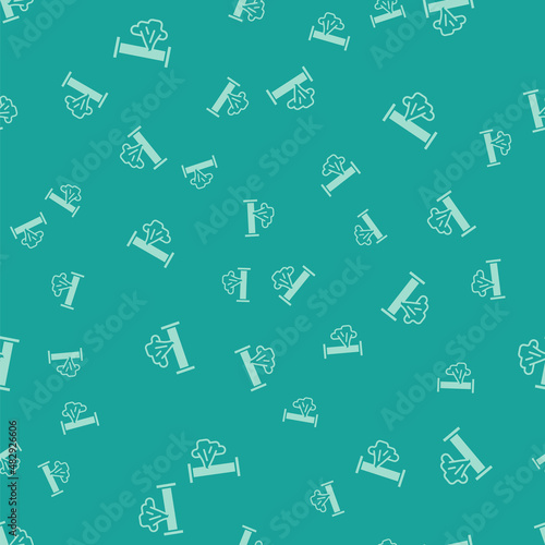 Green Broken metal pipe with leaking water icon isolated seamless pattern on green background. Vector