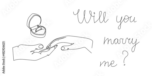Will you marry me one line art. Continuous line drawing of lovers hold hands, hold on to fingers, propose, box with an engagement ring.