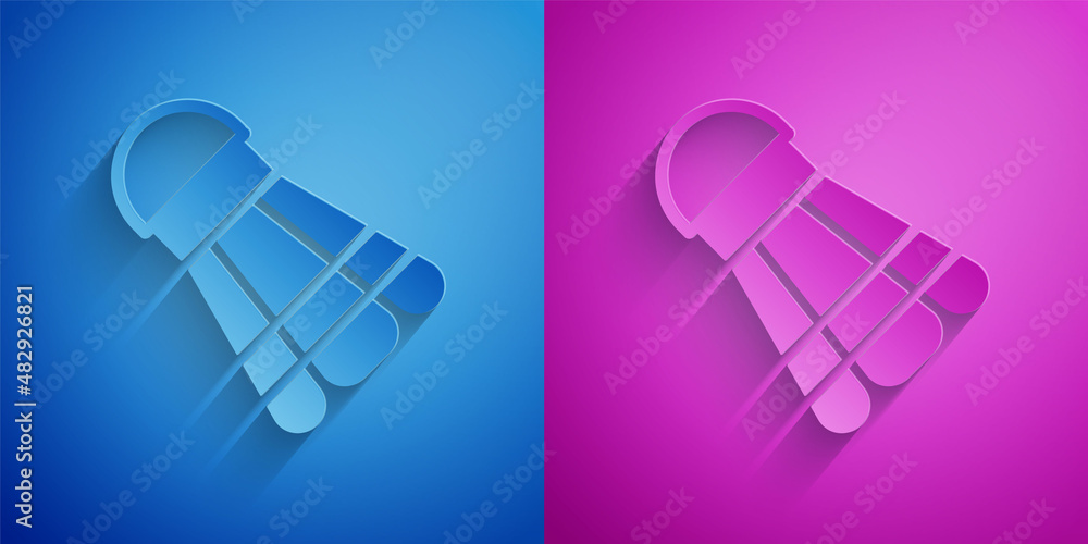 Paper cut Badminton shuttlecock icon isolated on blue and purple background. Sport equipment. Paper art style. Vector Paper cut Badminton shuttlecock icon isolated on blue and purple background. Sport equipment. Paper art style. Vector