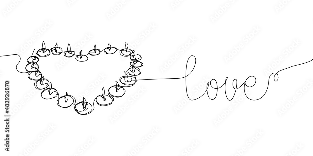 Obraz premium Love one line art. Continuous line drawing of one line phrase with heart shaped candles.