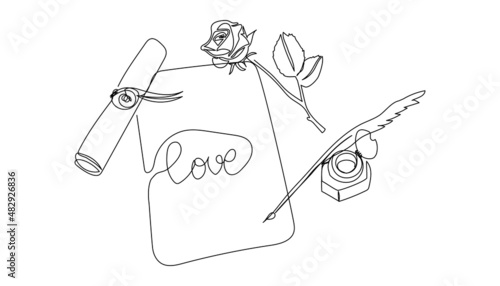 Scroll with inkwell, feather, rose continuous line drawing. One line art of letter, candlestick, romantic, 14 february, heart, relationships, letter, love.