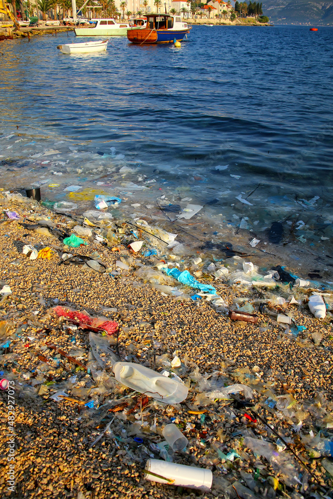 Beach polluted with plastic garbage on Korcula island, Croatia