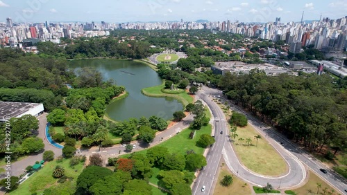 Ibirapuera park at cityscape Sao Paulo Brazil. Stunning landscape of Ibirapuera park. Tropical scene of Ibirapuera neighborhood at downtown district. photo