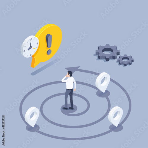 isometric vector illustration on a gray background, a man in the center of a spiral way looks at the clock and a big exclamation mark, locations and gears, the passage of the task