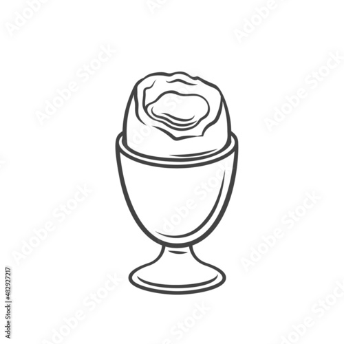 Soft-boiled chicken egg in eggshell in egg holder outline drawn vector illustration.