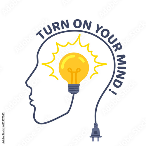 flat vector illustration isolated on white background, human head with a light bulb turned on inside, turn on your mind