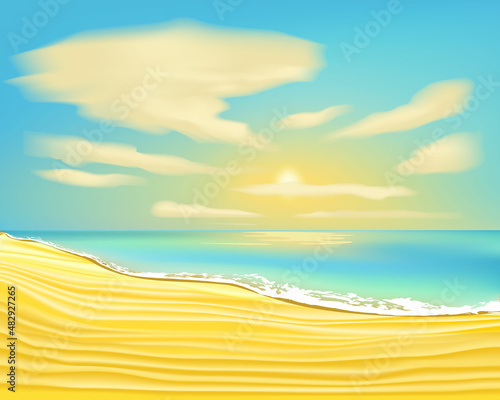 Summer background,  tropical landscape, vector illustration of the beach with waves and clouds. Vector cartoon style background of sea shore.