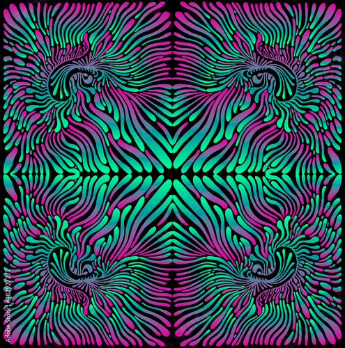 Psychedelic trippy colorful fractal mandala, turquoise violet blue gradient color. 3D effect.