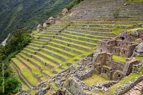 Agricultural stone terraces at  Machu Picchu in Peru photo