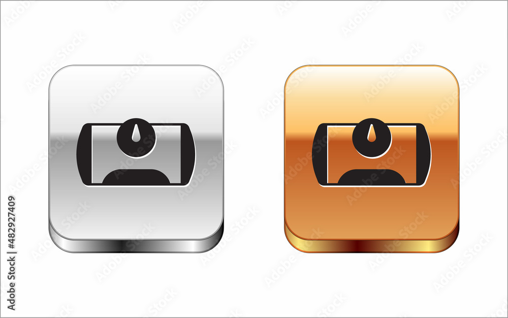 Black Gas tank for vehicle icon isolated on white background. Gas tanks are installed in a car. Silver and gold square buttons. Vector Black Gas tank for vehicle icon isolated on white background. Gas tanks are installed in a car. Silver and gold square buttons. Vector