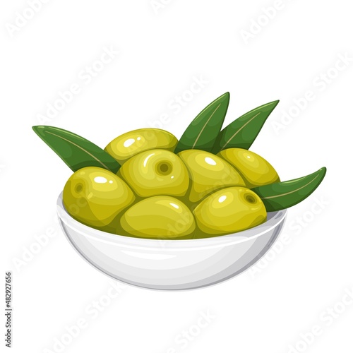 Green olives with leaves in a white bowl vector illustrator.