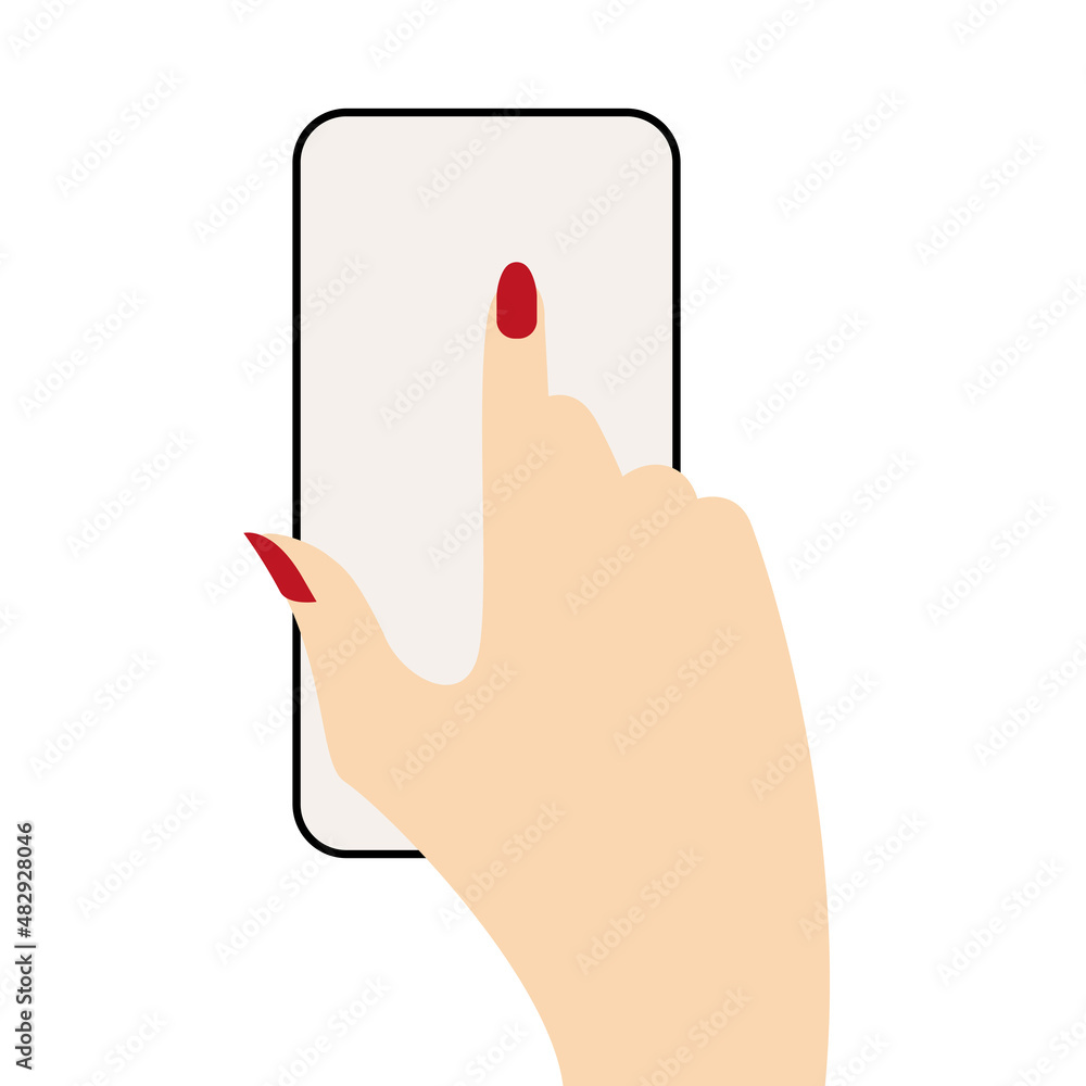 Hand with phone, smartphone index finger. The hand of a white woman with a red manicure pokes at the screen of a smartphone. Flat vector illustration isolated on white background.