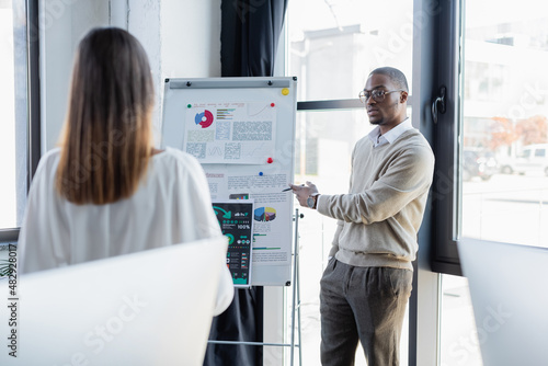 african american man in glasses showing infographics on flip chart to blurred woman in office.