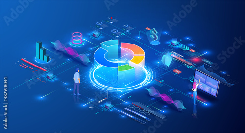 People Characters Working with Data Visualization. Investment monitoring. Economic analysis, financial strategy using an infographic chart. Online statistics and data analysis. Vector illustration