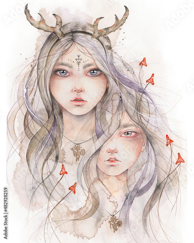Fairy girls, beautiful elves with deer antlers, fantasy fairy tale. Mysterious magic elf portrait. Creative character art concept