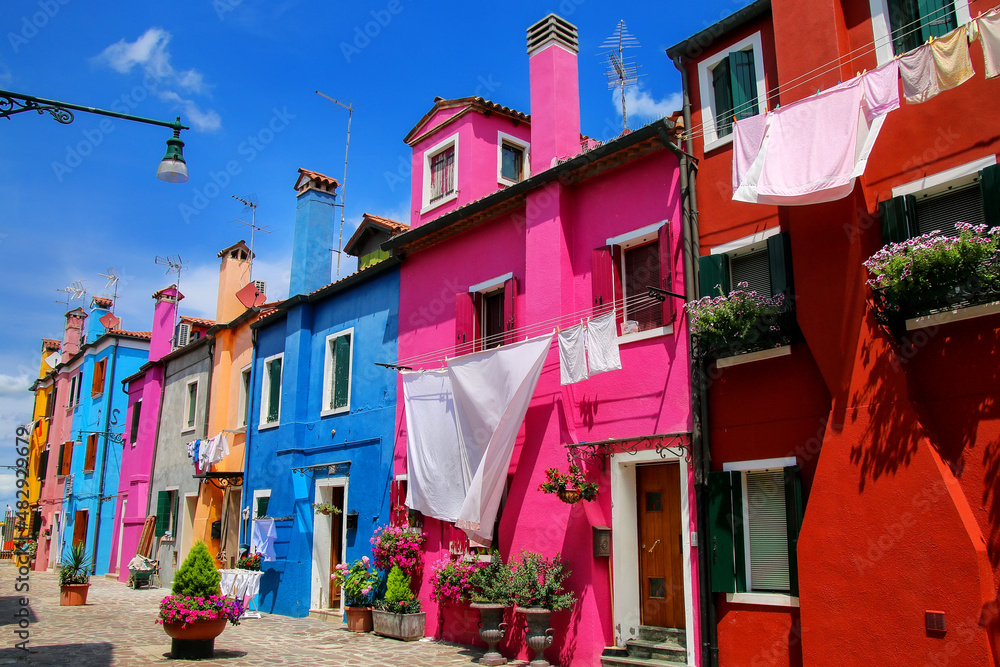 Colorful houses in Burano, Venice, Italy.