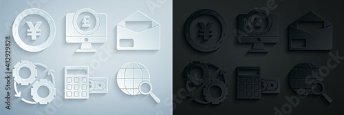 Set Calculator with dollar symbol, Envelope, Gear and arrows as workflow process concept, Magnifying glass globe, Computer monitor pound sterling and Coin money Yen icon. Vector