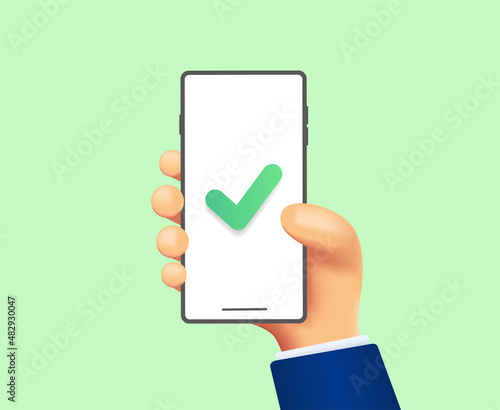 Check mark - hand holding a phone on a green background. Operation Ok concept. 3d hand holding phone