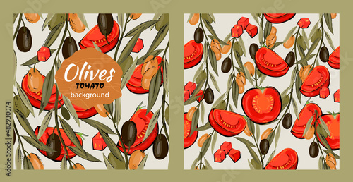 Olives and tomato background with seamless pattern, hand drawn color vector illustration. Italian, Greece or mediterranean cuisine backdrops set.