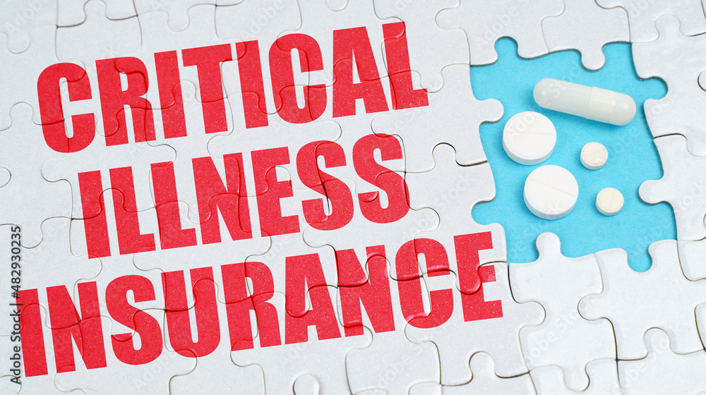 On the puzzles there is an inscription - Critical Illness Insurance, on a blue background pills. On the puzzles there is an inscription - Critical Illness Insurance, on a blue background pills.