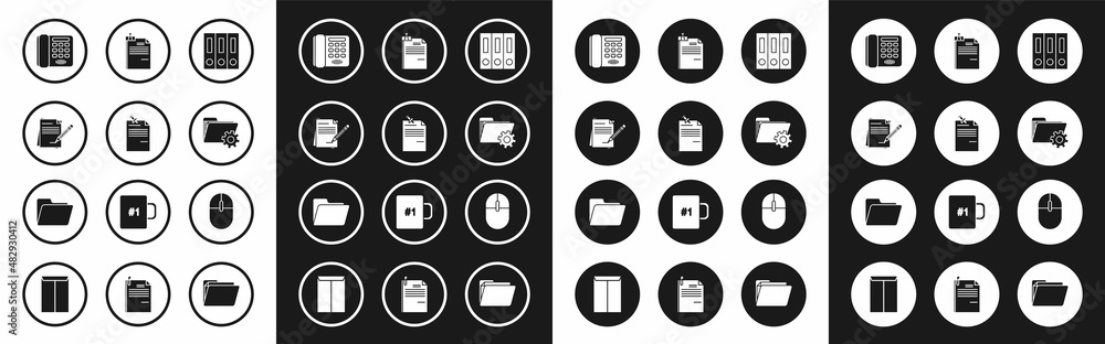 Set Office folders with papers and documents, Note pinned pushbutton, Blank notebook pencil eraser, Telephone, Folder settings gears, File binder clip, Computer mouse and Document icon. Vector Set Office folders with papers and documents, Note pinned pushbutton, Blank notebook pencil eraser, Telephone, Folder settings gears, File binder clip, Computer mouse and Document icon. Vector
