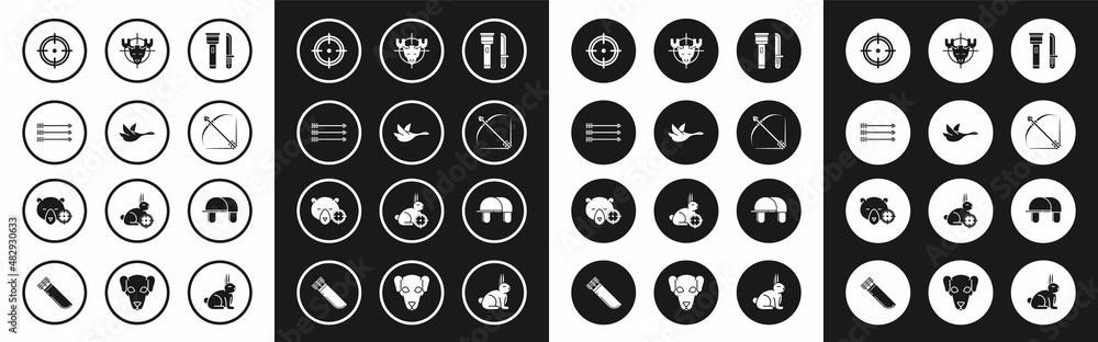 Set Flashlight and knife, Flying duck, Hipster arrows, Target sport for shooting competition, Bow quiver, Hunt moose with crosshairs, Hunter hat and bear icon. Vector