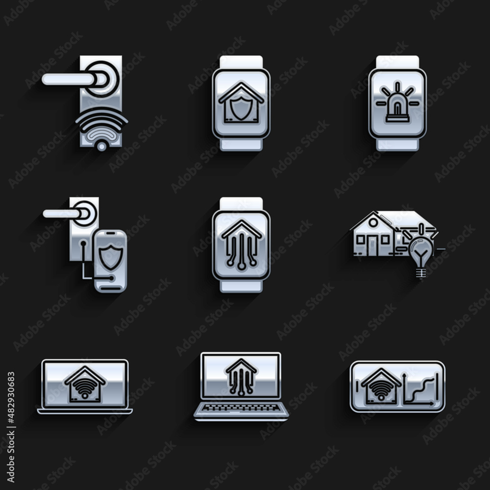 Set Smart home with smart watch, Laptop, Mobile phone wi-fi, house and light bulb, Digital door lock wireless technology for lock, alarm and unlock icon. Vector