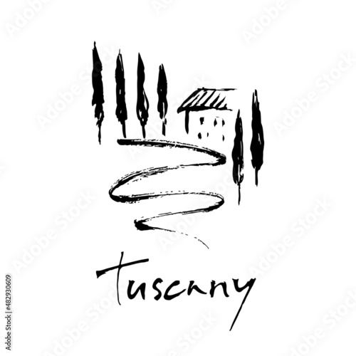 Tuscany landscape illustration. Ink drawing of a field and a house.