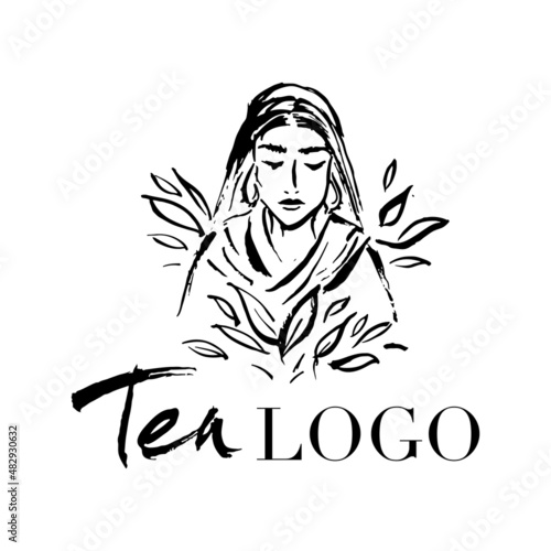 The girl collects tea leaves.